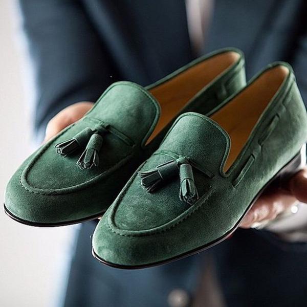 Green classic suede fringed men's loafers