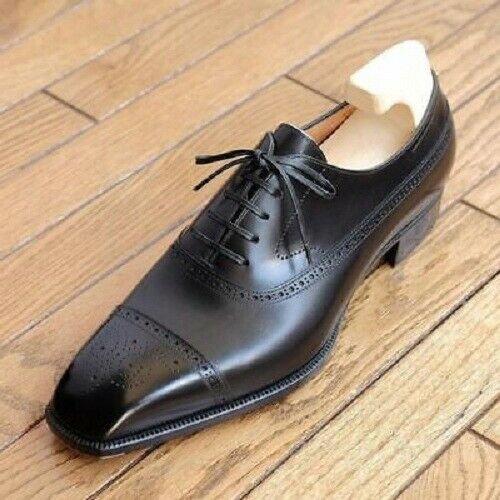 Handmade black leather lace-up men's brogues