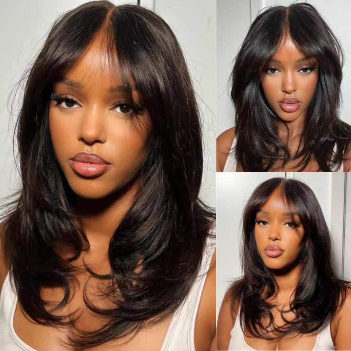 Long Natural Wavy Curtain Bangs Glueless Lace Closure Wig