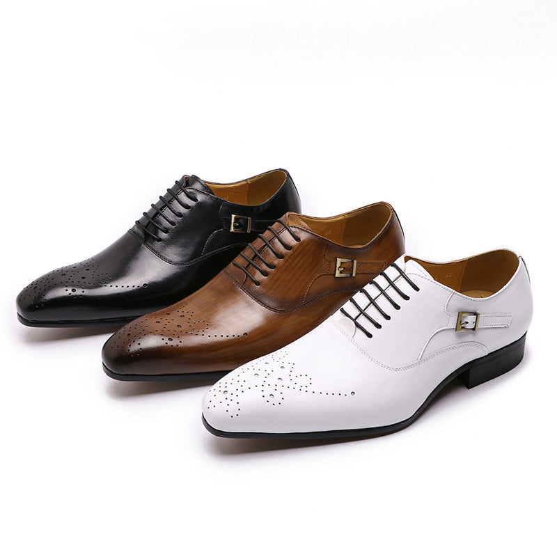 Round toe simple brogue lace-up single-buckle oxford Shoes（3colors）