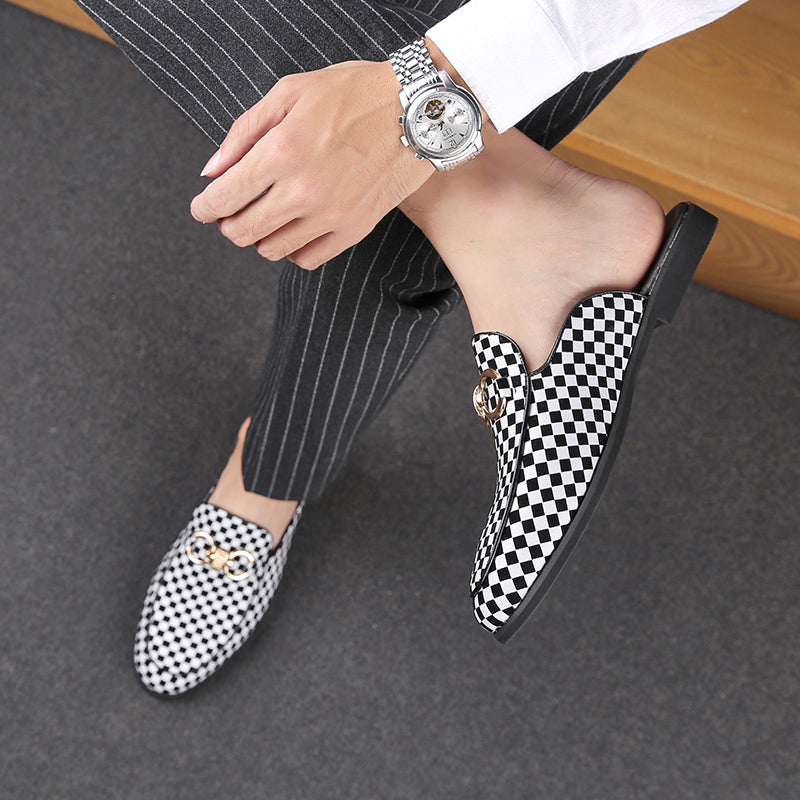 Casual Black White Check Print Men Slip On Shoe