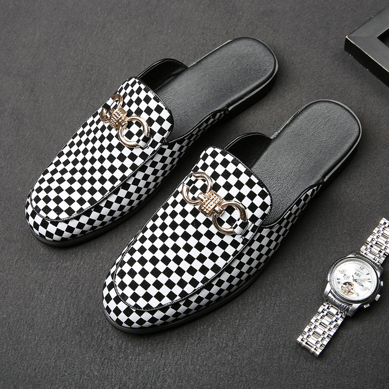 Casual Black White Check Print Men Slip On Shoe