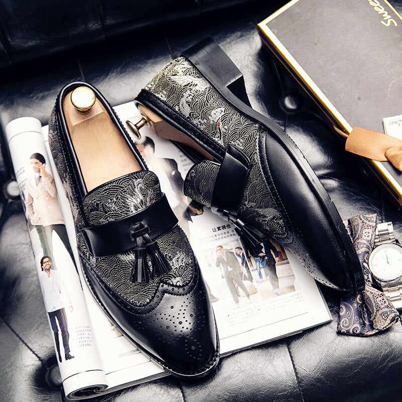 Two-color spliced brogue style tassel loafers（3 colors）