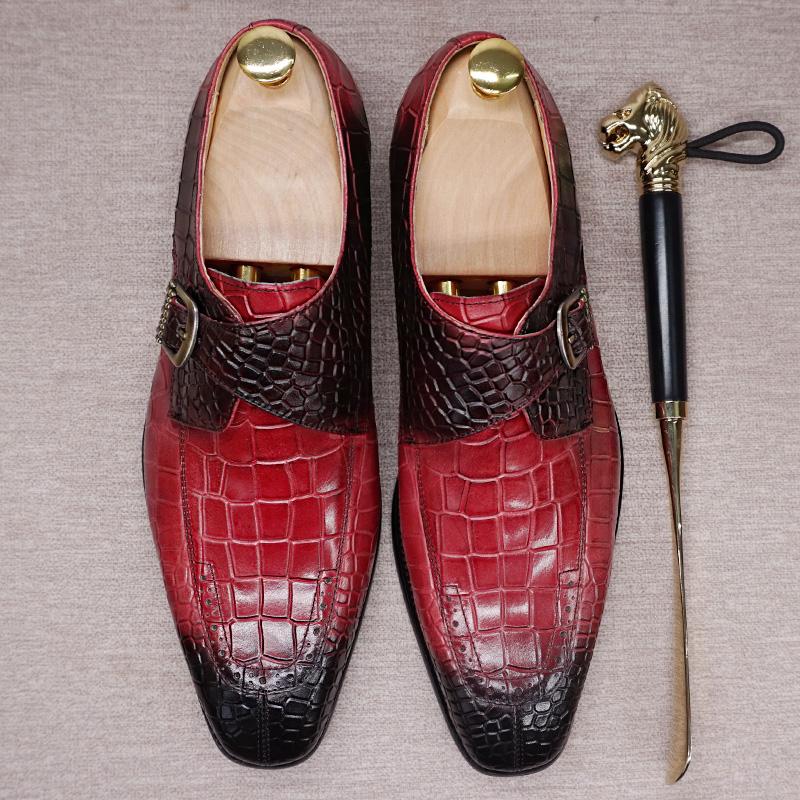 Luxury Brand Men Casual Shoes Genuine Leather Mens Dress Shoes Red Black Monk Crocodile Pattern Strap Split Toe Loafers Men Shoes