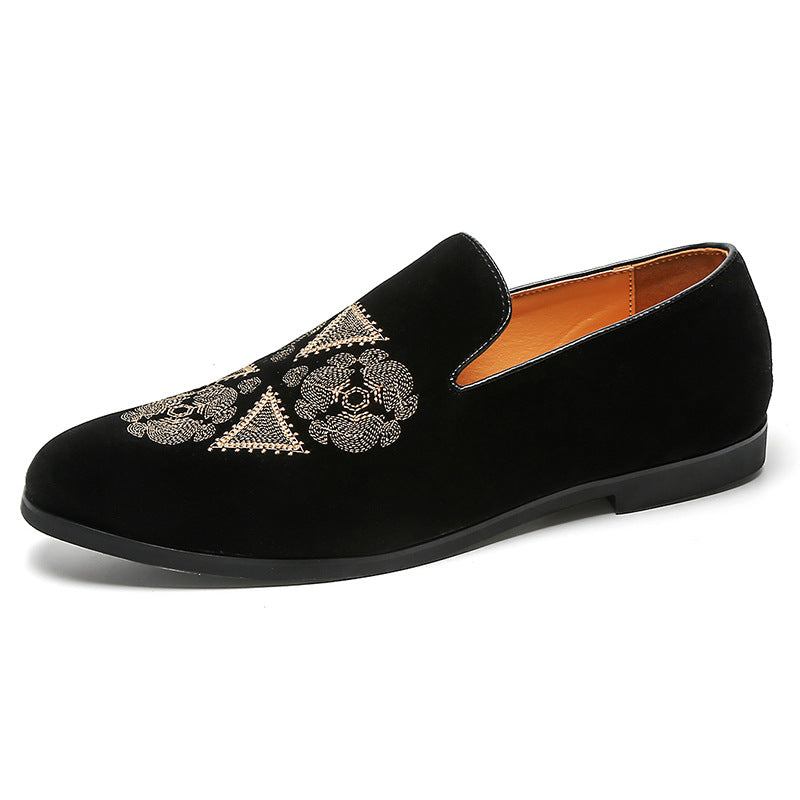 Suede Black Gold Embroidery Slip On Shoes