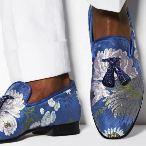 Handmade  embroidery Blue Men Loafer Shoes