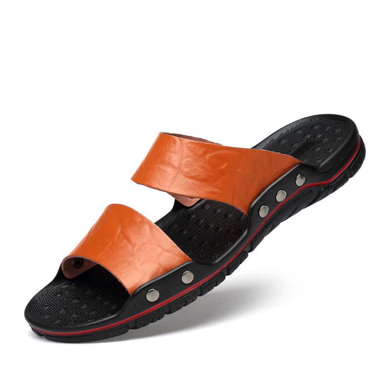 Summer personality trendy sandals men's leather casual plus fat one-word slippers