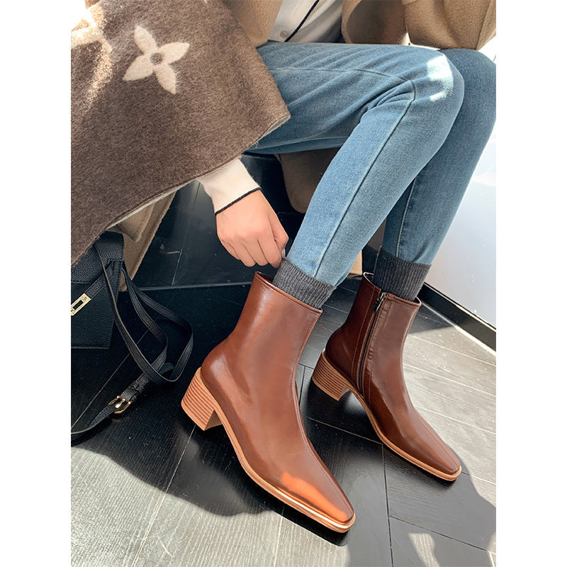 Vintage Brown Square Toe Chunky Heel Booties