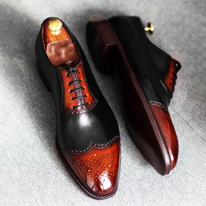 Two Tone Leather Classic Stylish Wing Tip Brogue Oxford Shoes