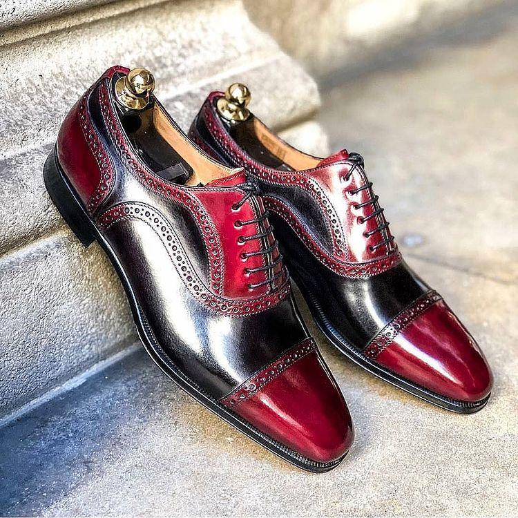 Red and black handmade classic men's Oxford leather shoes