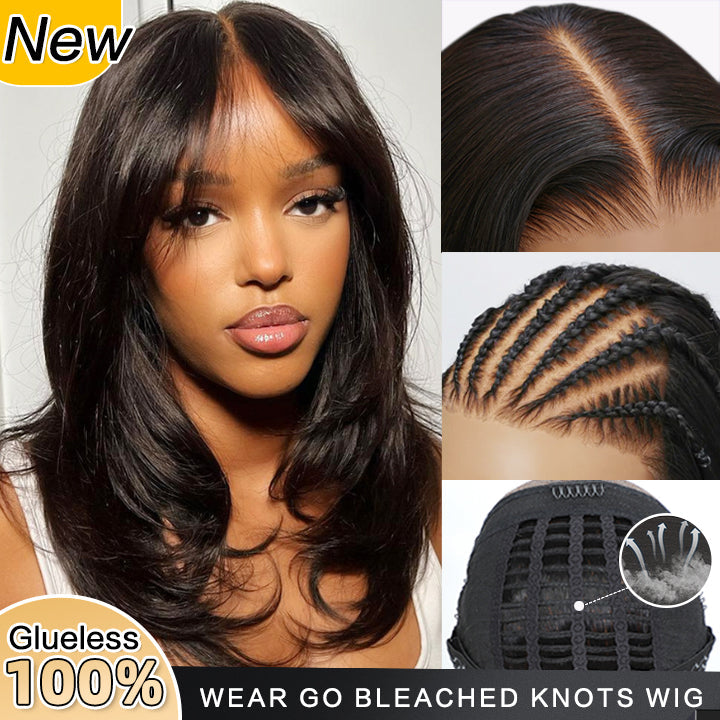 Long Natural Wavy Curtain Bangs Glueless Lace Closure Wig