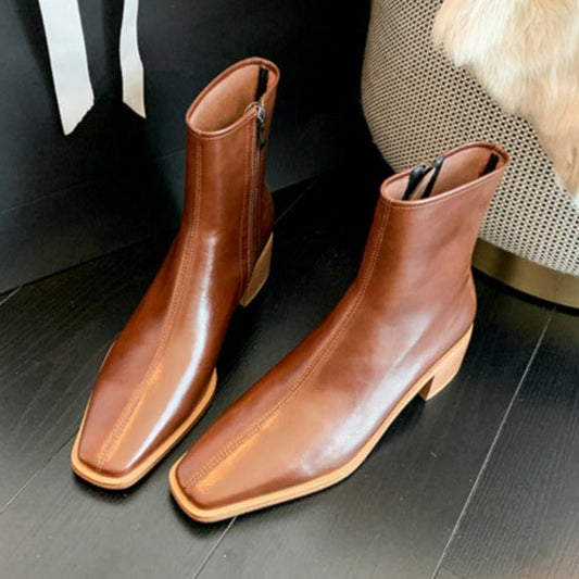 Vintage Brown Square Toe Chunky Heel Booties