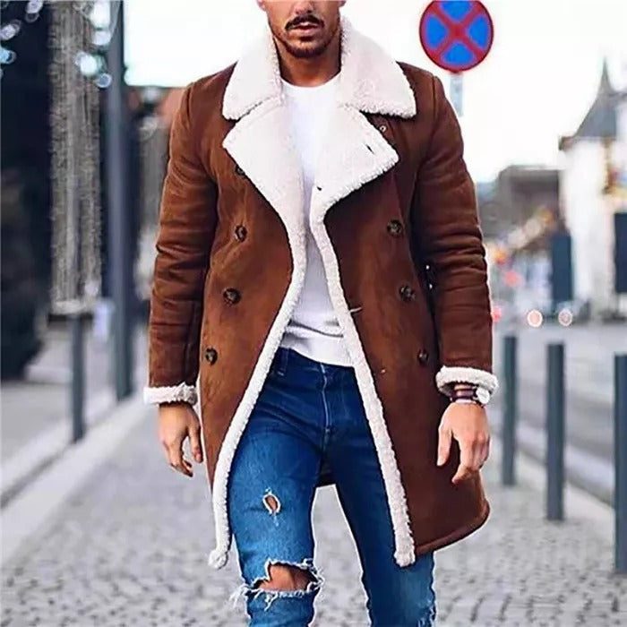 Fashion Men Fur Fleece Blends Brown Color Trench Coat Overcoat Lapel Warm Fluffy Jacket Outerwear Male Boy Warm Jacket