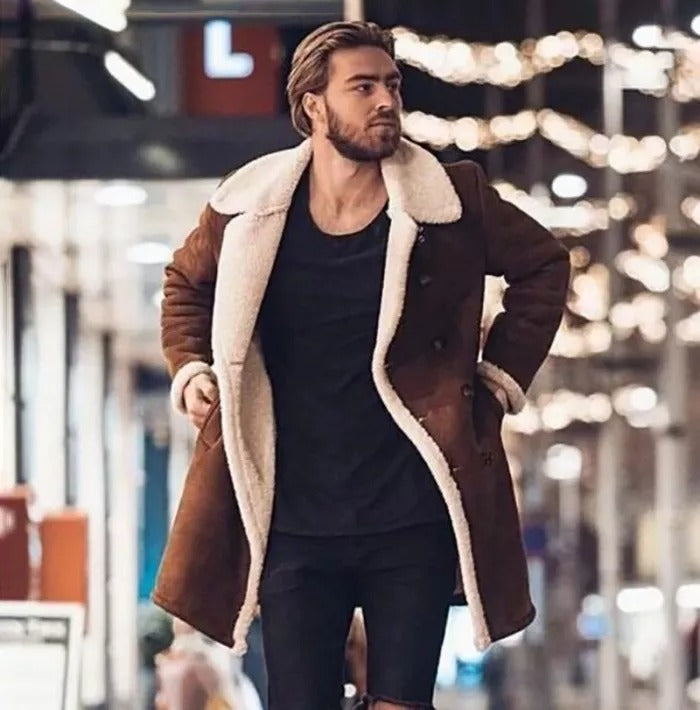 Fashion Men Fur Fleece Blends Brown Color Trench Coat Overcoat Lapel Warm Fluffy Jacket Outerwear Male Boy Warm Jacket