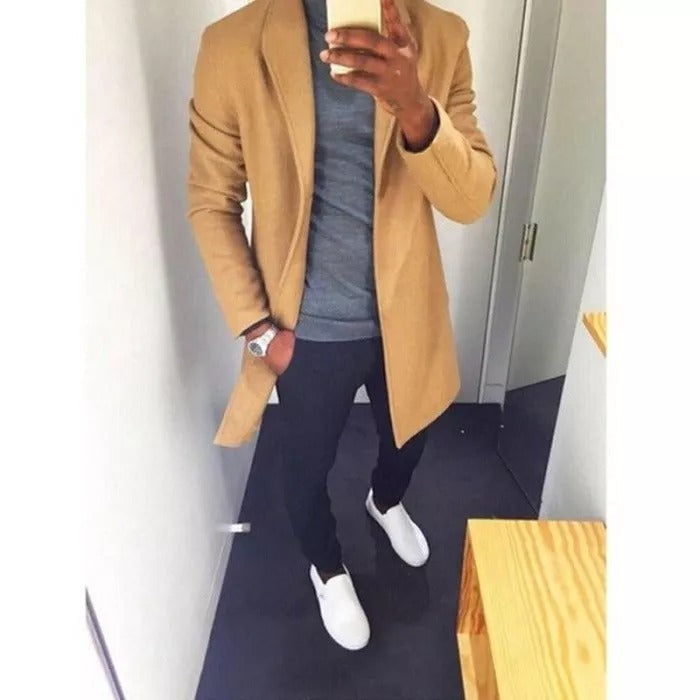 M-XXXL Autumn Winter Men Casual Coat Thicken Woolen Trench Coat Business Male Solid Classic Overcoat Medium Long Jackets Tops